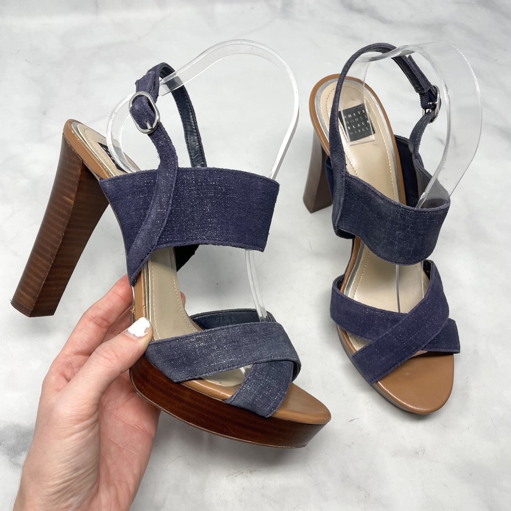 White House Black Market $159 "Stormie" Leather Denim-Look Platform Sandal Heels